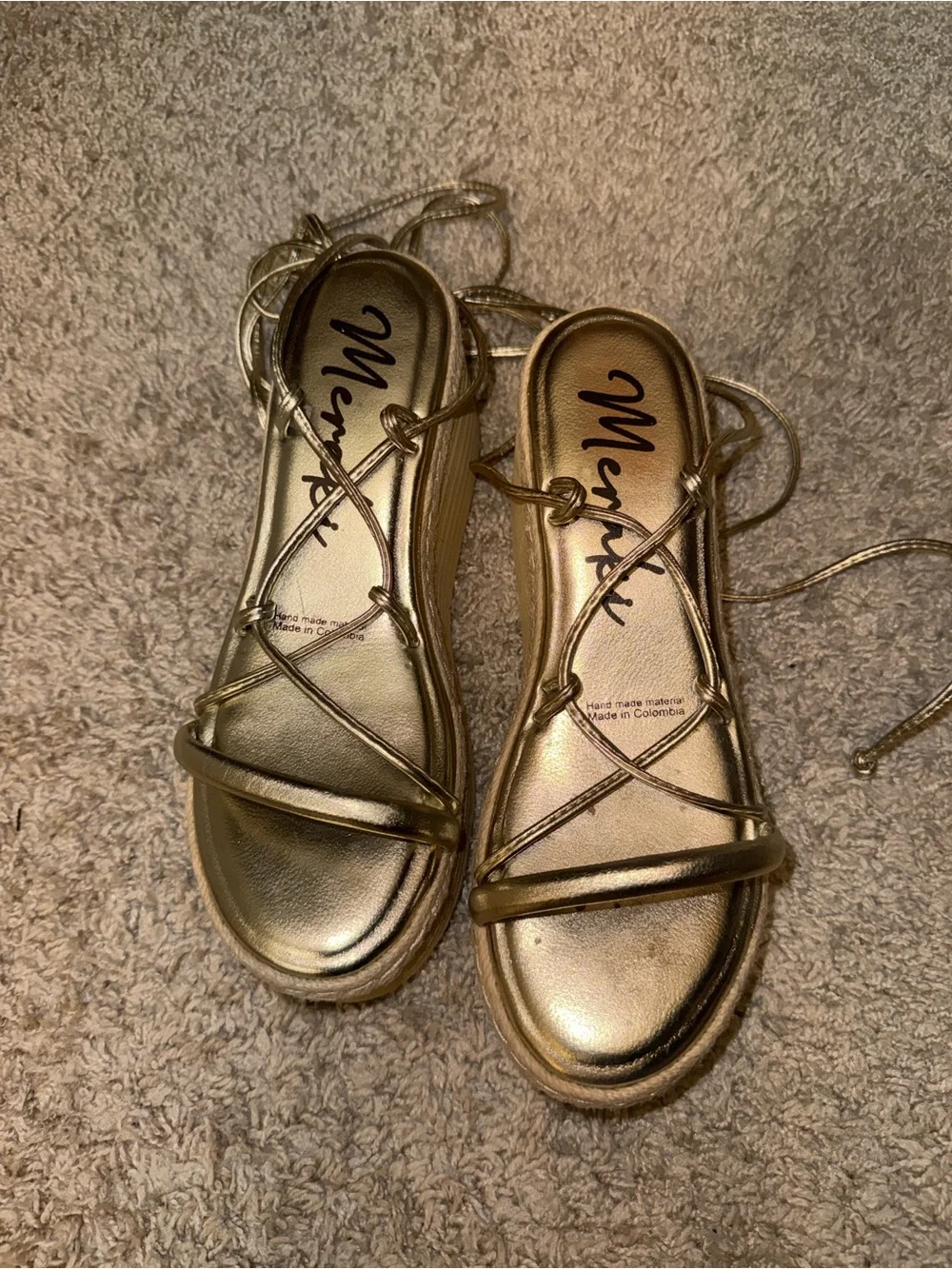Metallic Gold Platform Lace-Up Sandals Hand made Colombia.